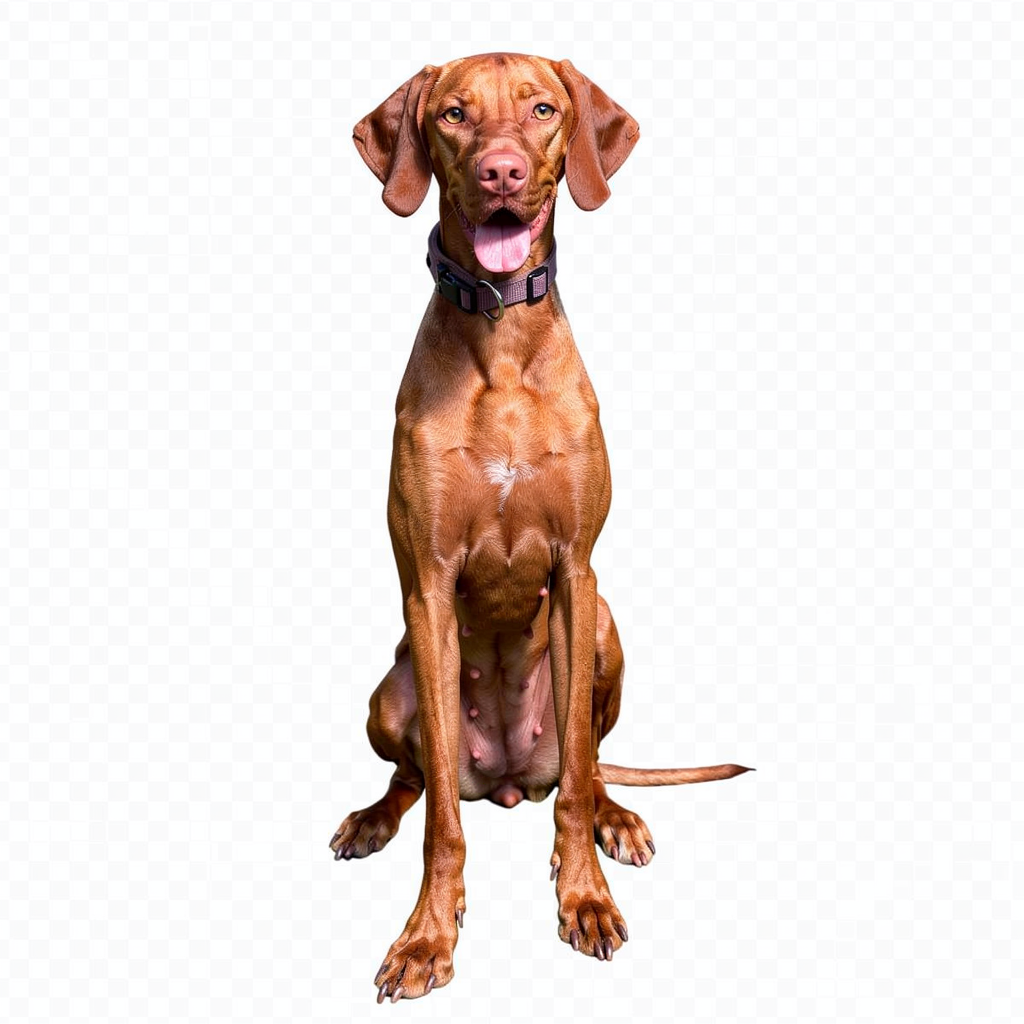 Ruby, de vizsla van Mike, zittend en aandachtig gericht op haar voorjager